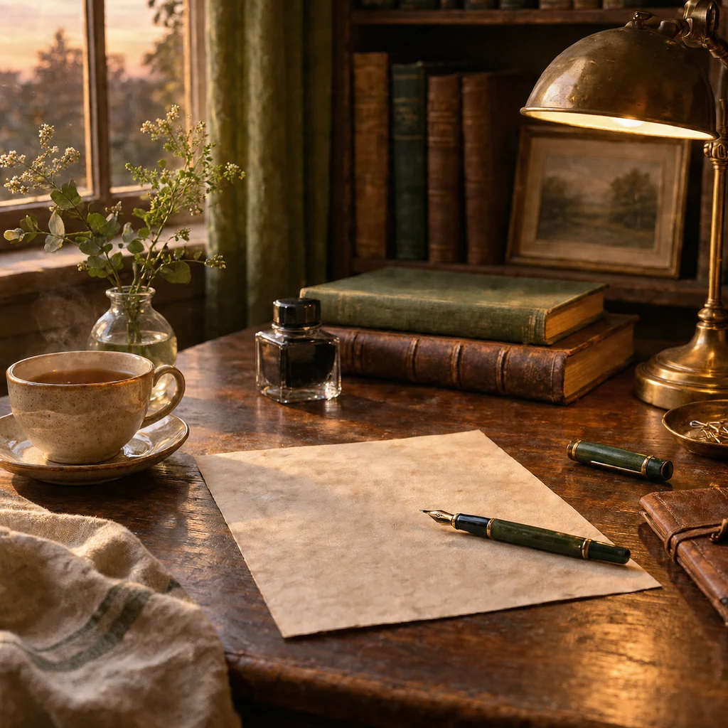 Writing desk in warm lamp light