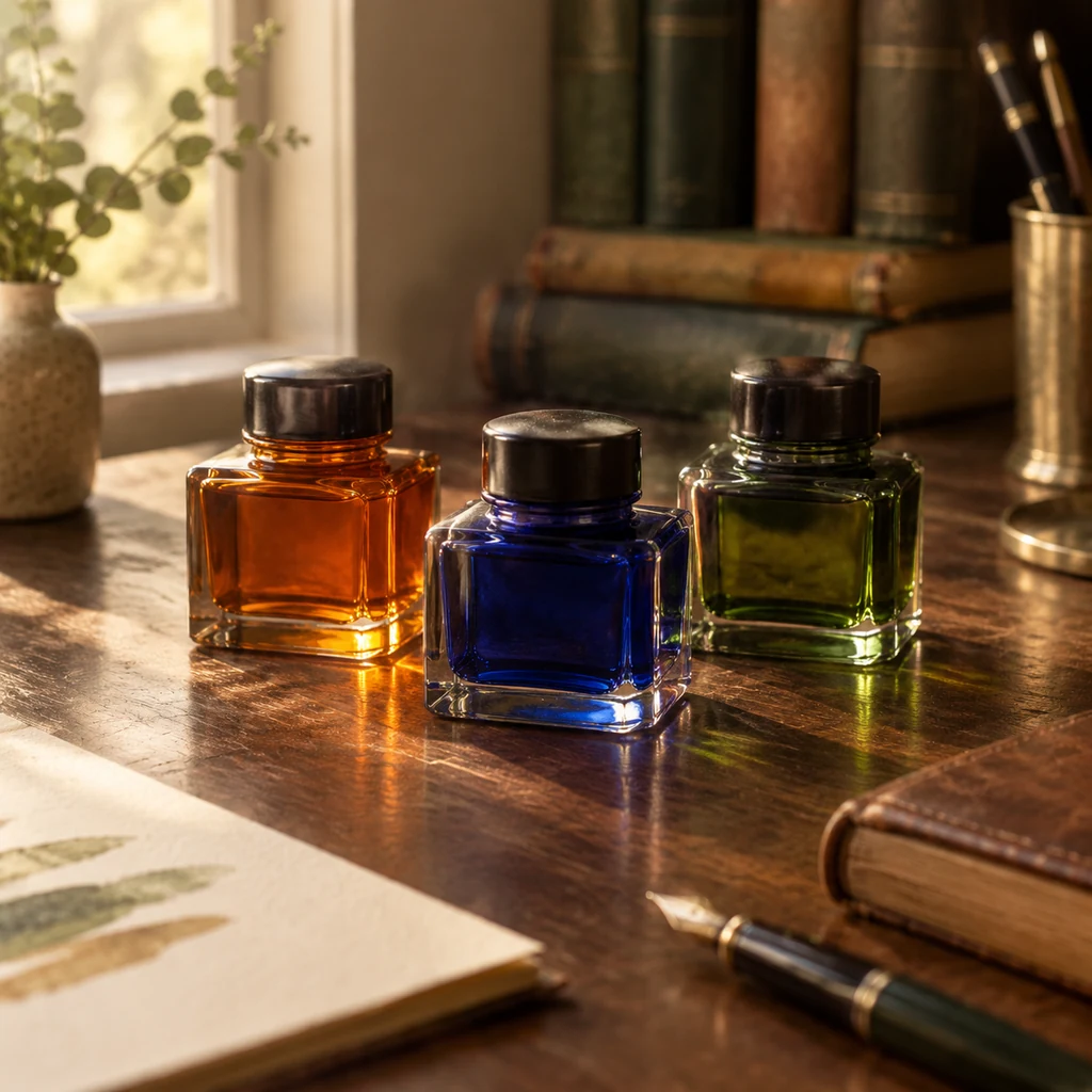 Ink bottles on a wooden desk