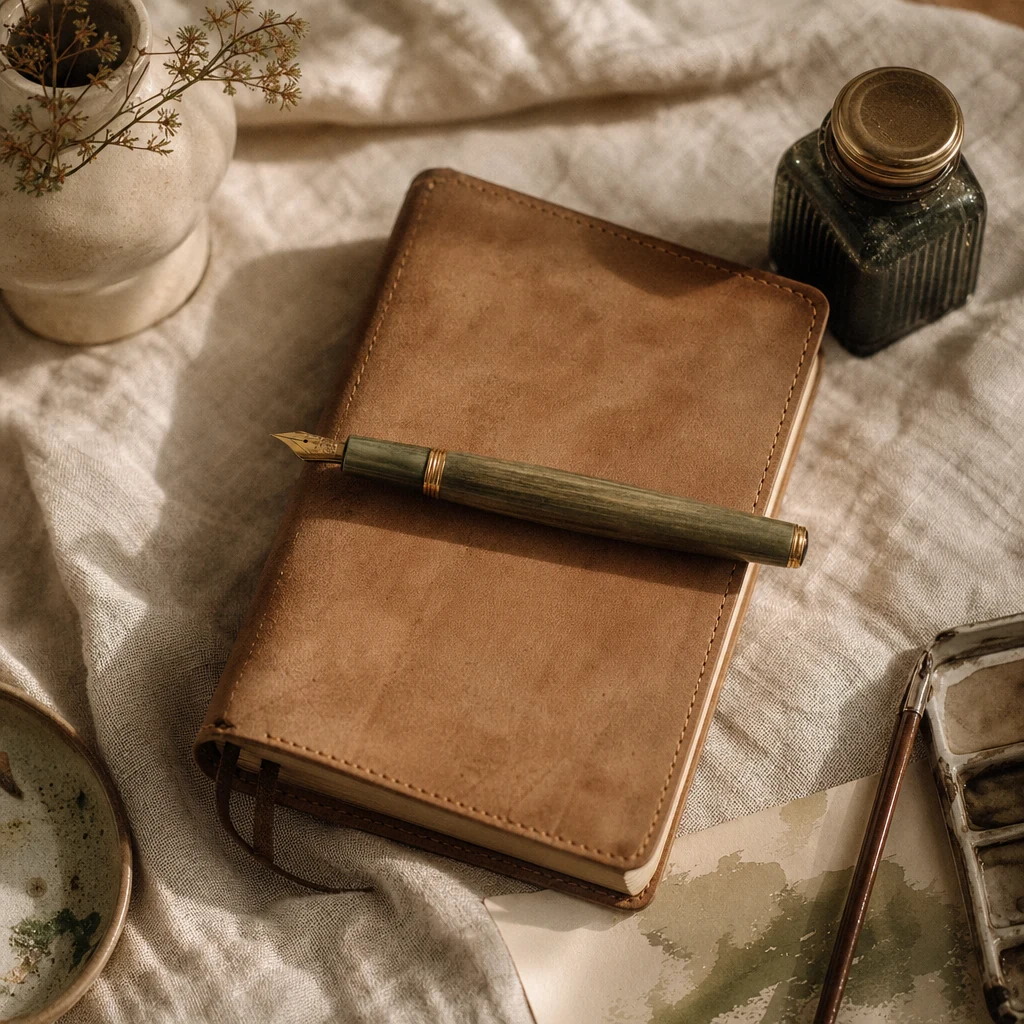 Pen lying across a leather notebook