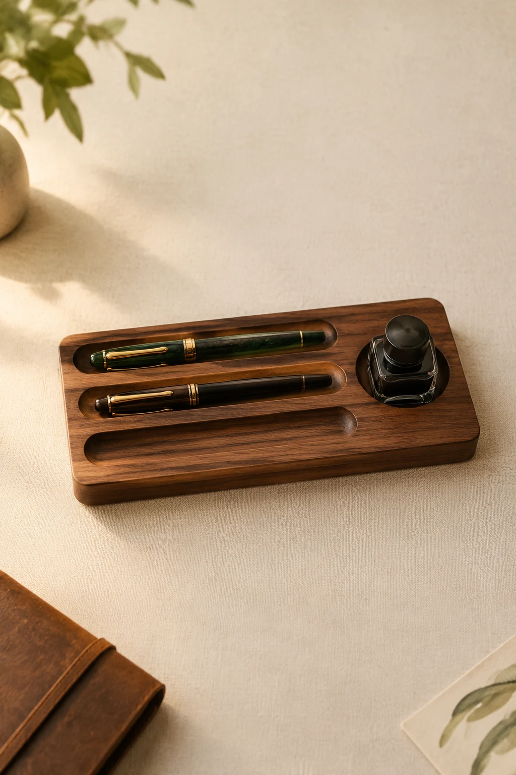 Walnut desk tray holding pens and an ink bottle