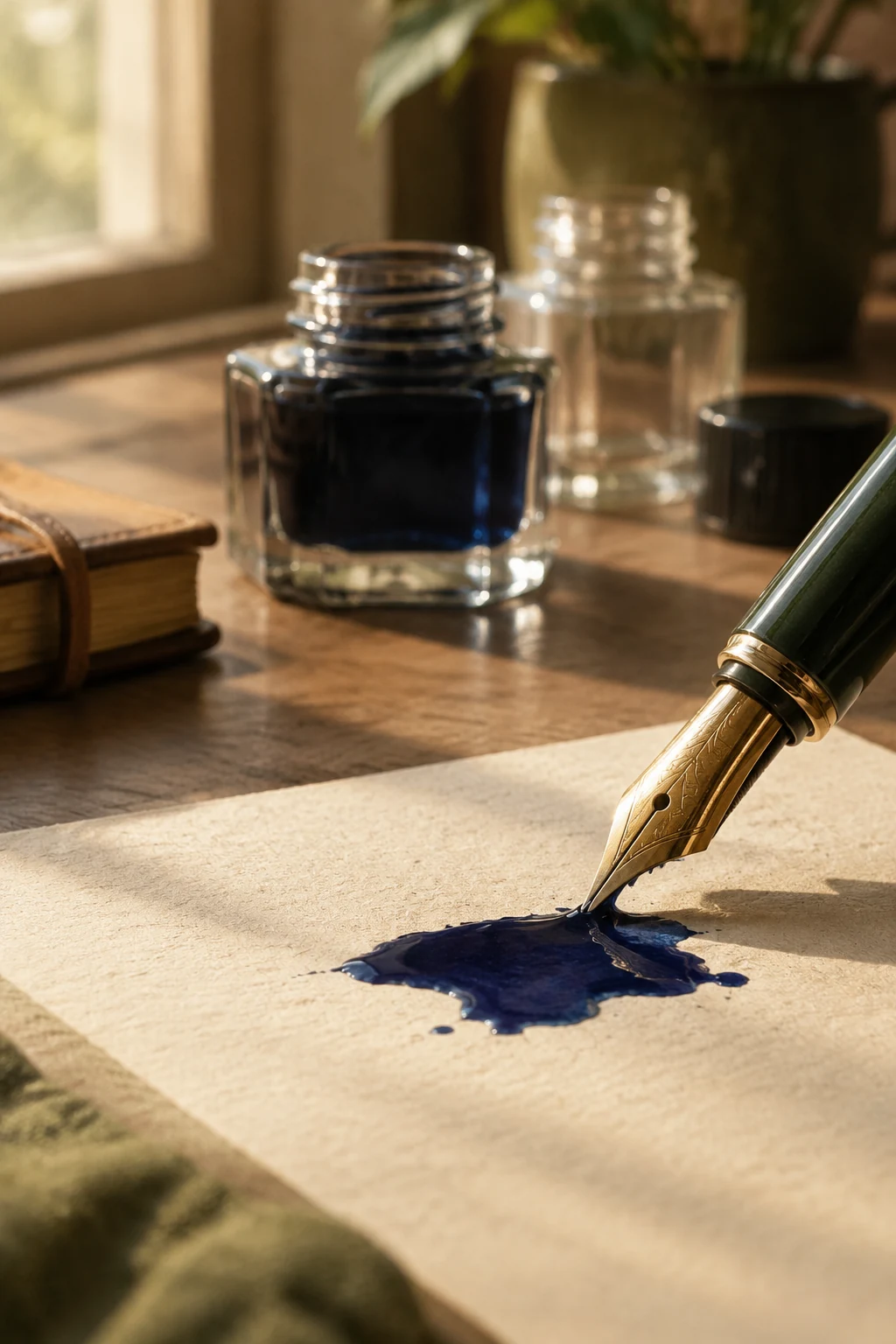 Fountain pen nib above a drop of ink on paper