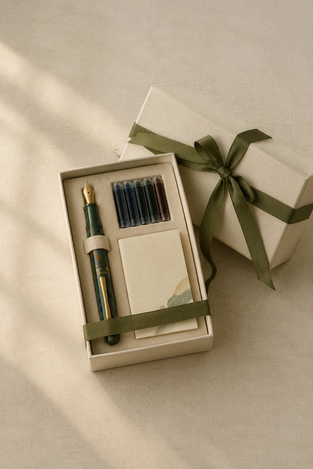 Gift box with a fountain pen, ink cartridges and a blank card
