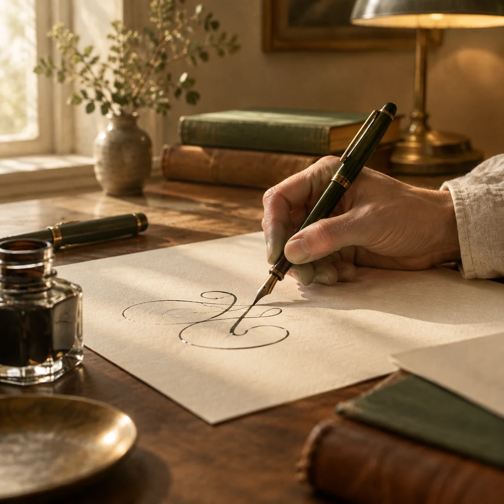 Hand writing calligraphy flourishes with a fountain pen