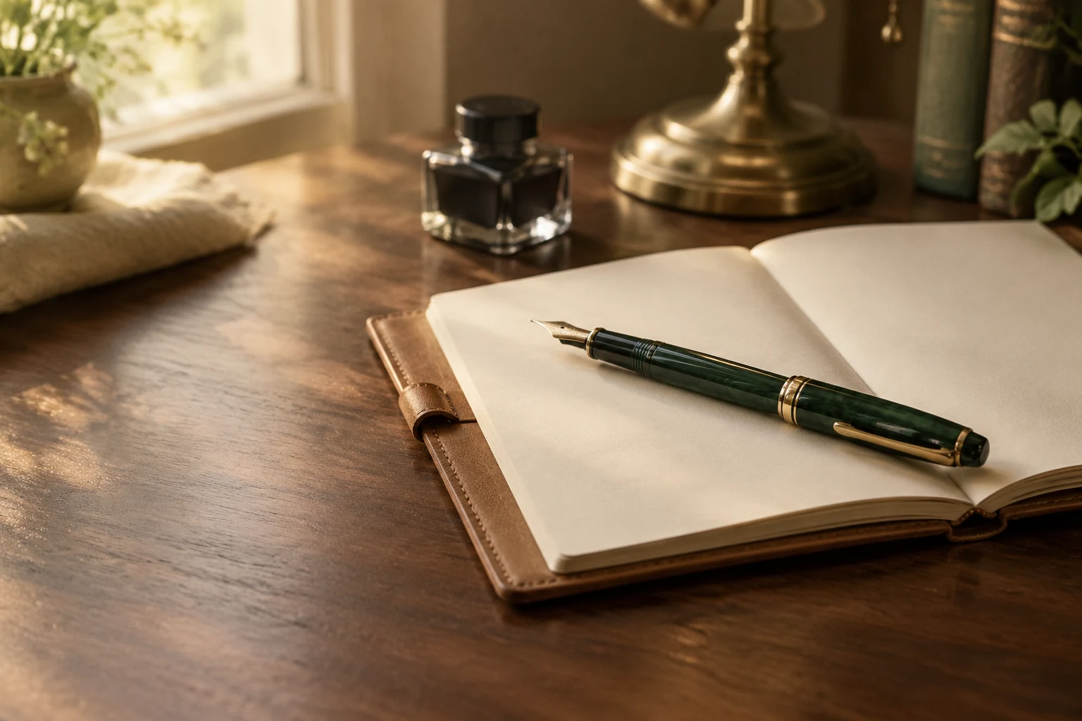 Fountain pen resting on an open leather notebook in warm desk light