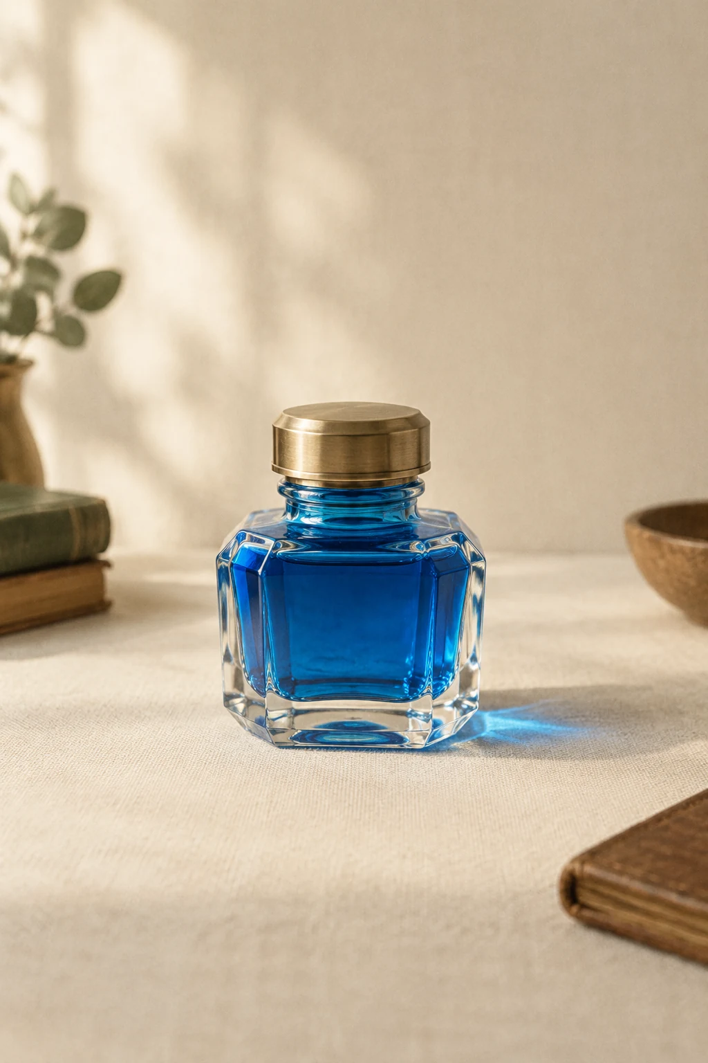 Faceted glass bottle of cerulean blue ink