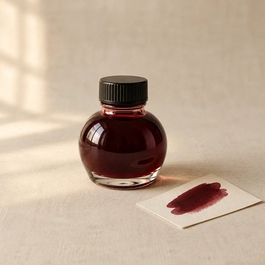 Glass bottle of deep red fountain pen ink
