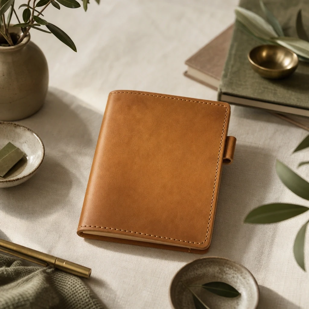 Tan leather notebook cover with a pen loop