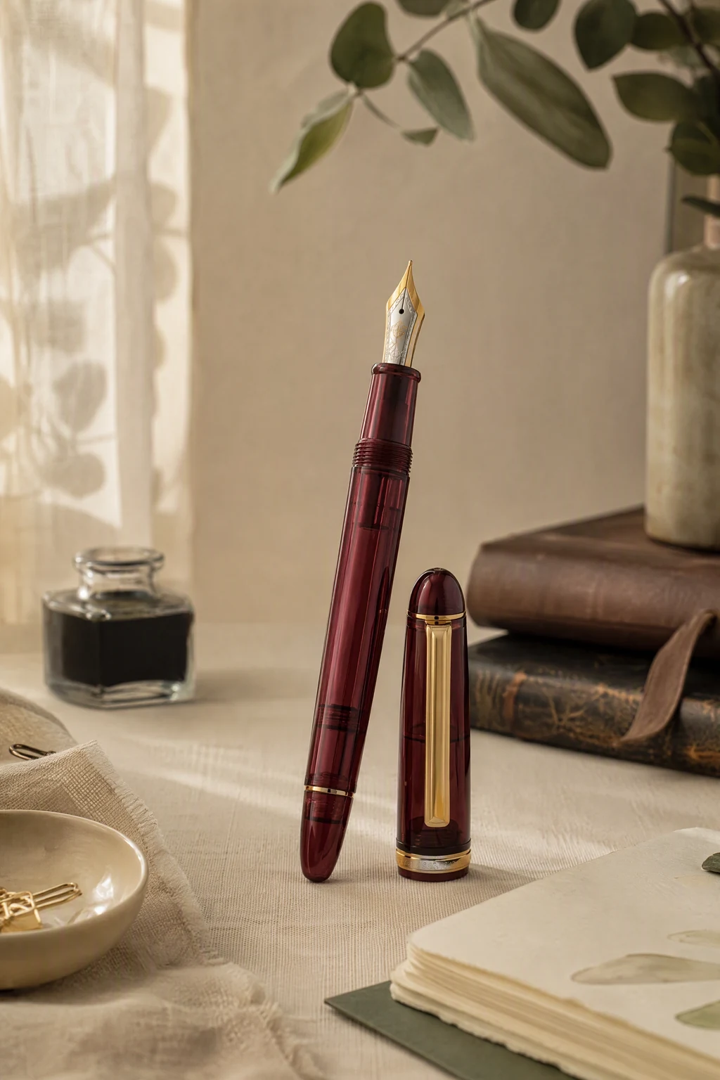 Translucent burgundy fountain pen with gold nib