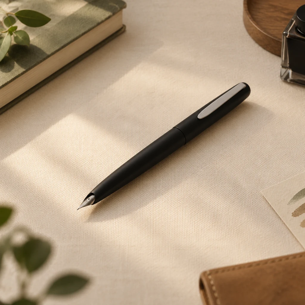 Matte black fountain pen with brushed steel cap