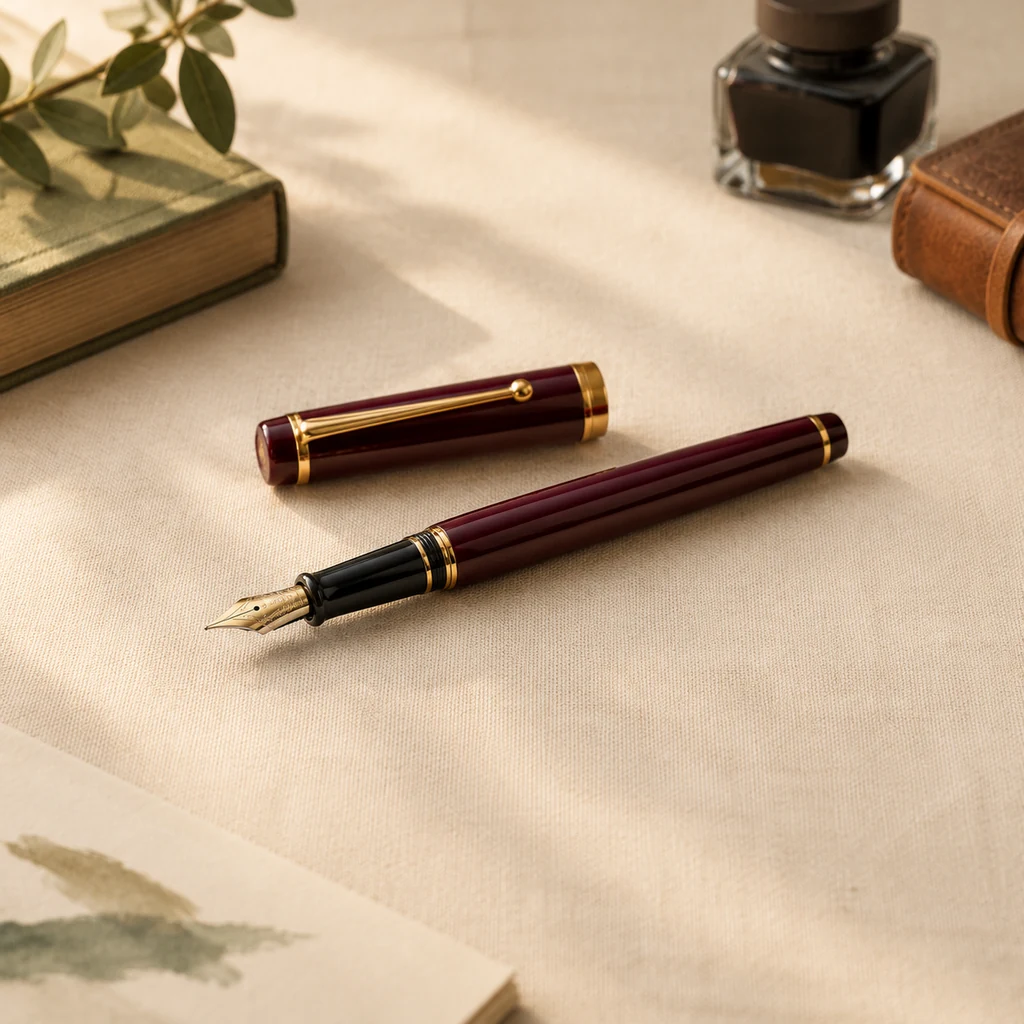 Slim burgundy fountain pen with gold clip