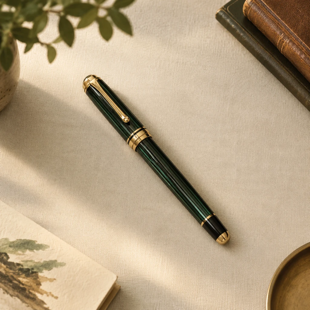 Green striped piston-filling fountain pen with gold trim