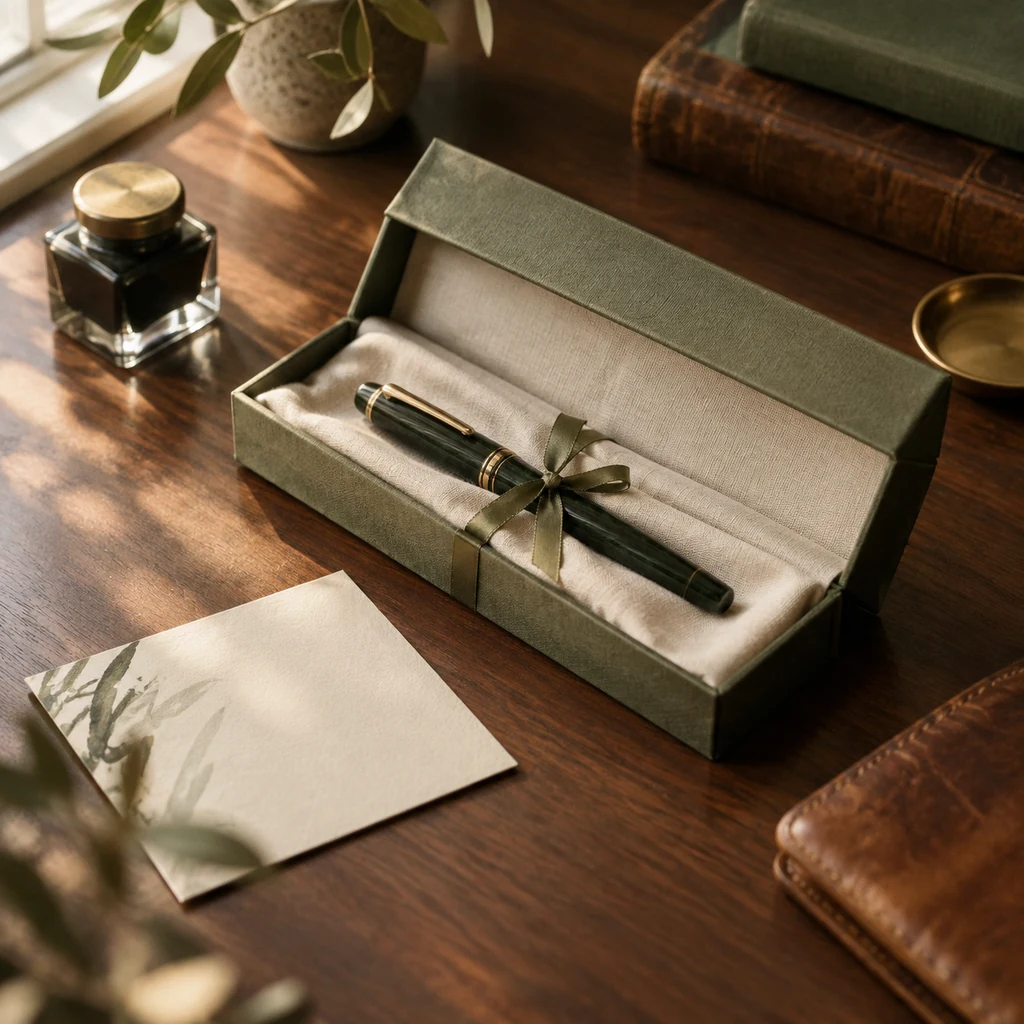 Pen gift box with ribbon on a wooden desk
