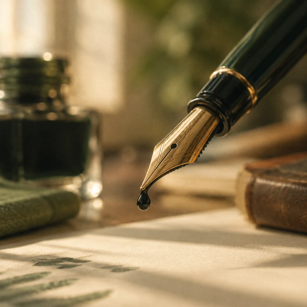 Fountain pen nib in close-up with a drop of ink
