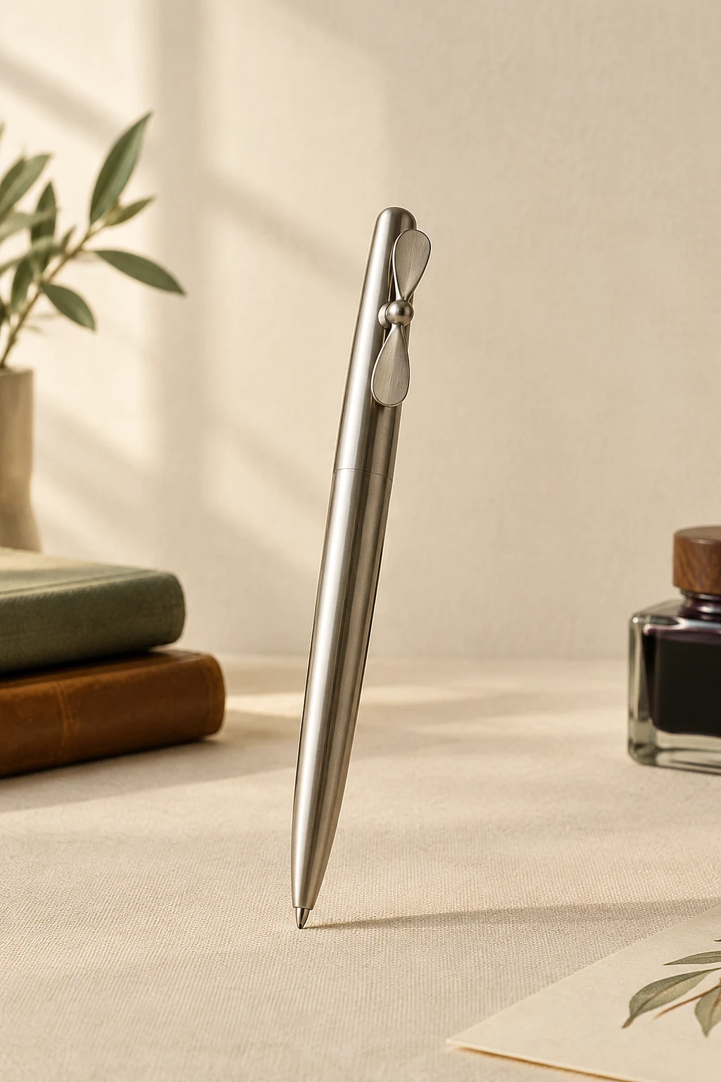 Brushed steel rollerball pen with a propeller clip